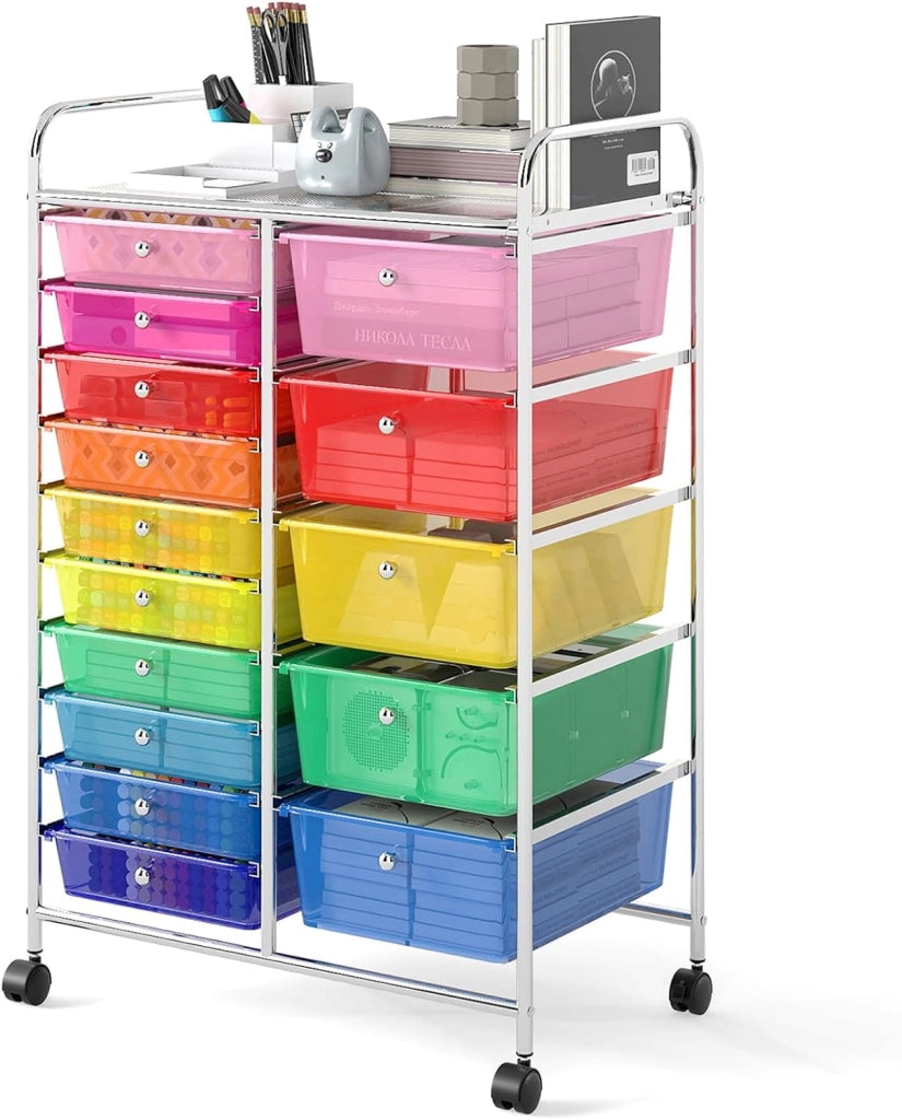 Carrello Portaoggetti con 10 Cassetti, Cassettiera con Ruote, Struttura in Metallo, Ruote Universali Bloccabili e Maniglia, Carrello Organizer per Casa, Ufficio (39 x 32 x 97 cm)