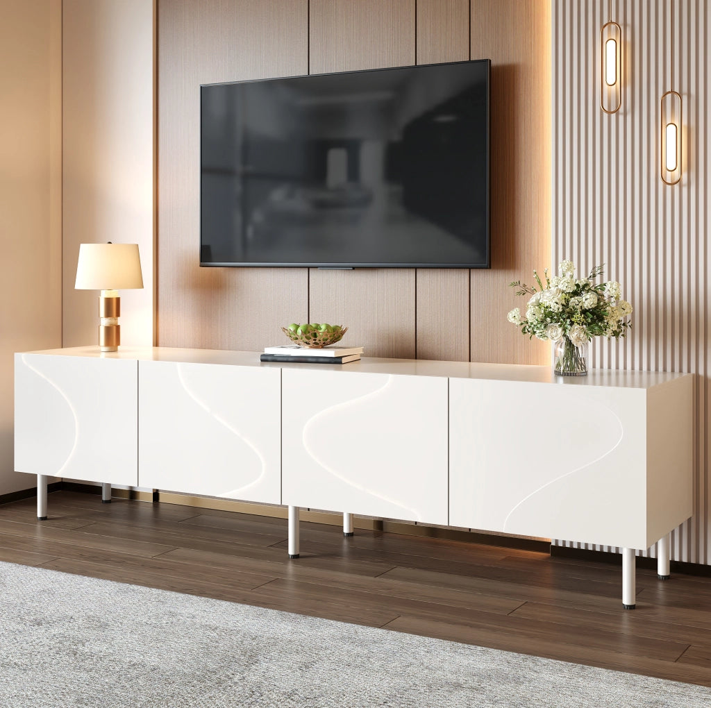 Mobile TV moderno bianco con 4 ante push-to-open e passacavi, 170x35x50 cm