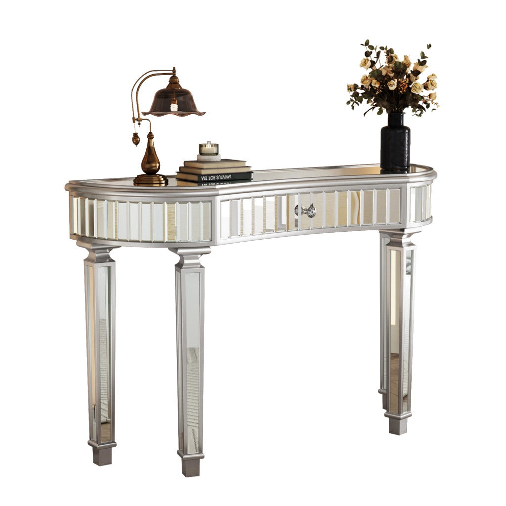 TAVOLO CONSOLLE MEZZALUNA 120 cm Grigio Argento in MDF e Vetro con Cassetto