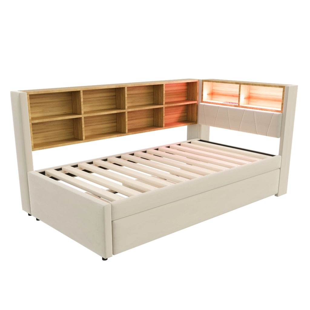 Divano letto 90x200 cm con letto estraibile 90x190 cm, LED e USB-C in flanella beige