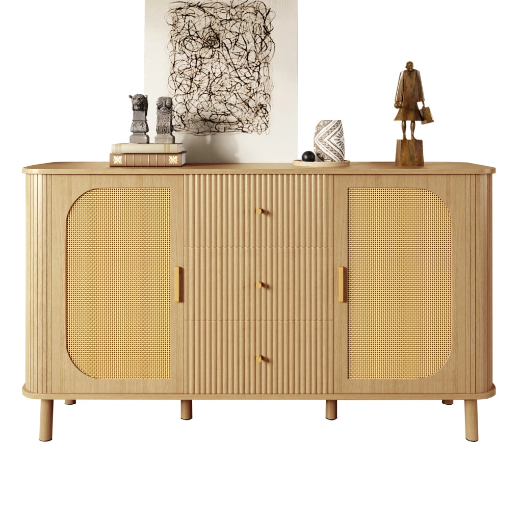 Credenza moderna 140 cm con ante in rattan e cassetti