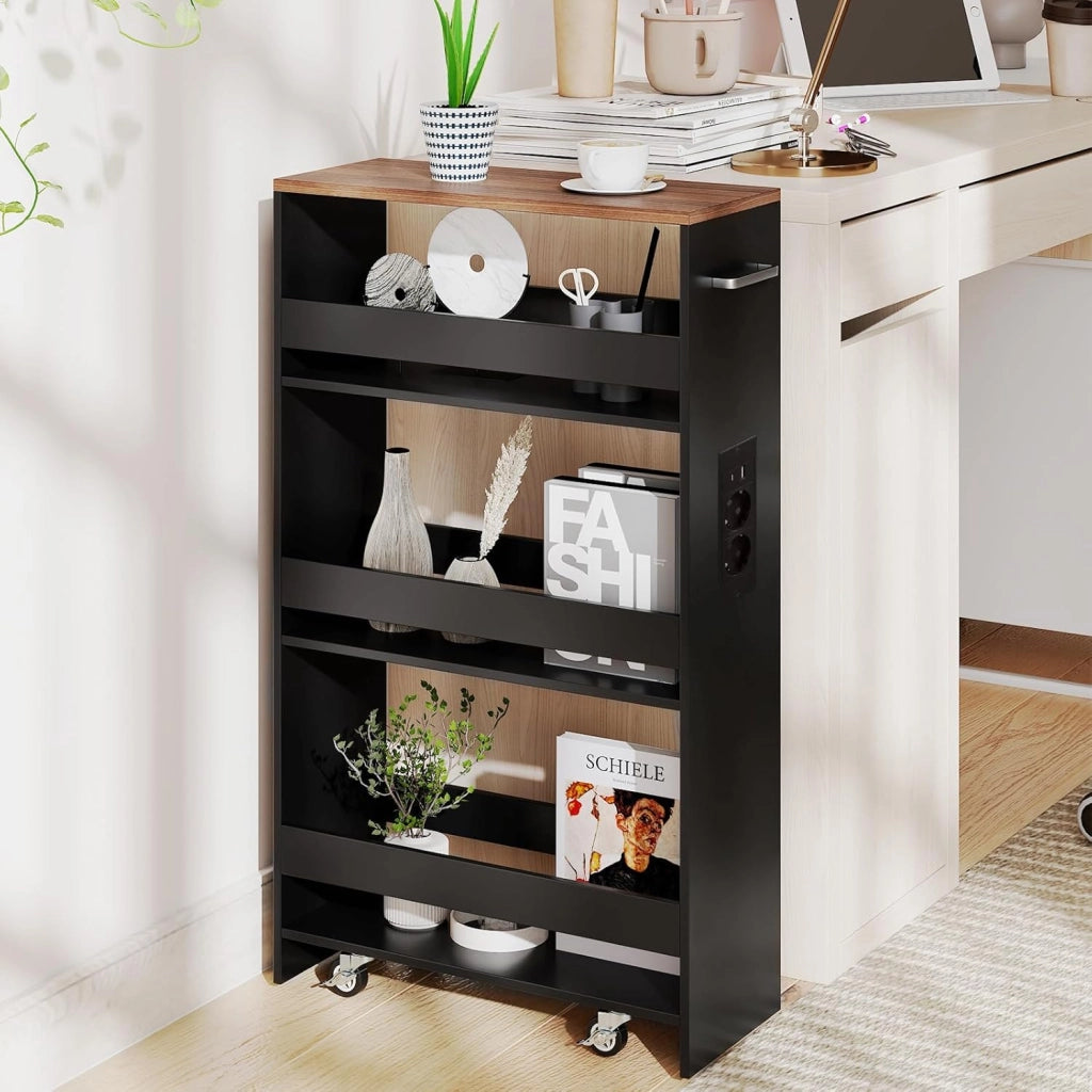 Carrello Portaoggetti a 4 Ripiani con Ruote Rirevoli a 360°, Carrellino Scorrevole con Maniglia Slim, da Bagno, Cucina, Lavanderia, 47,5 x 20 x 80,5 cm (Nero e Marrone, Con Presa)
