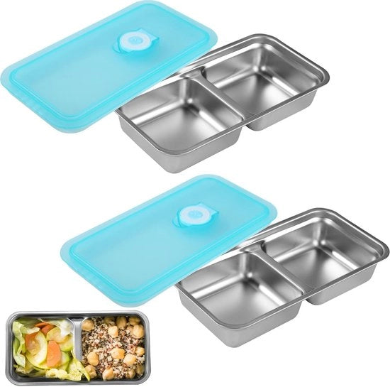 Snackbakjes Herbruikbaar - 2x Bakjes in Acciaio Inossidabile - Lek-Resistenti - Con Tappi - 2 Compartimenti - Ideali per la Strada - Contenitore per Snack