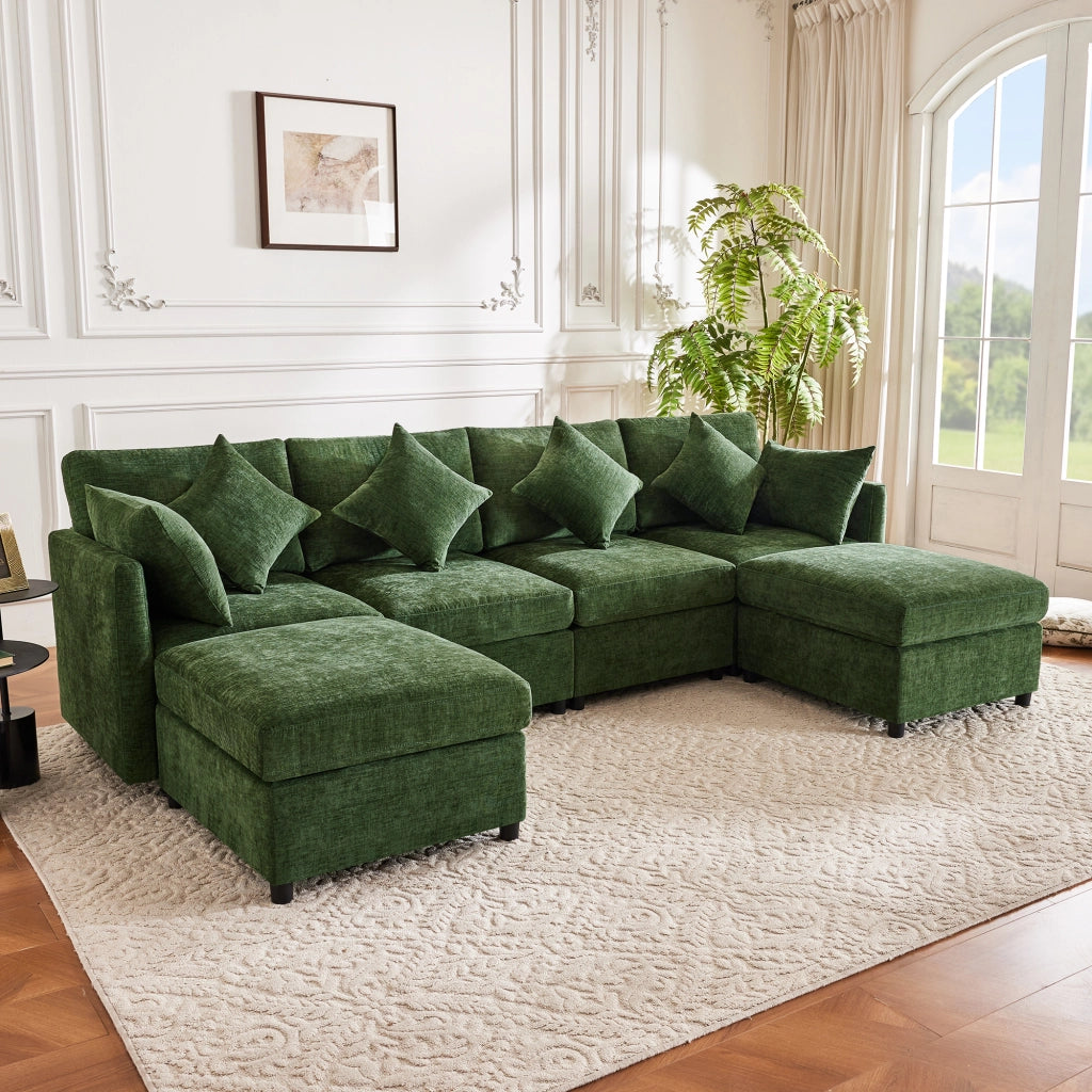 Divano modulare da 4 a 6 posti in chenille verde a U o L con 2 pouf e 6 cuscini 278 × 161 × 81 cm