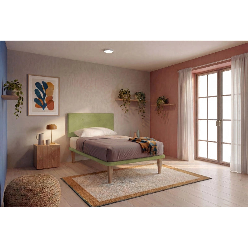 Letto imbottito Singolo 80x190 cm Button - Con rete,Microfibra,Tè verde