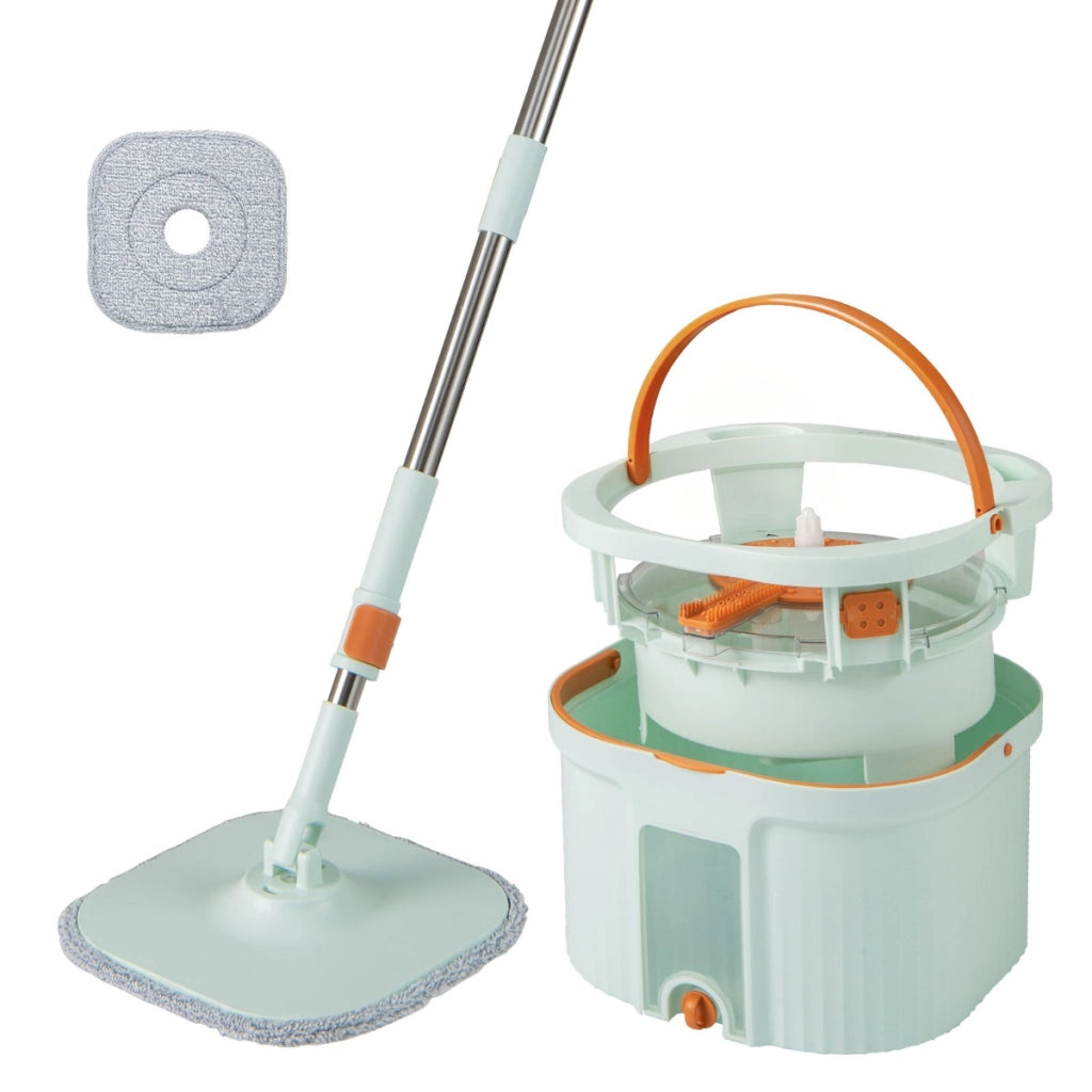 Testa mocio quadrata con strizzatura automatica per pavimenti, Sistema di separazione acqua sporca e pulita Verde chiaro-Strumenti pulizia
