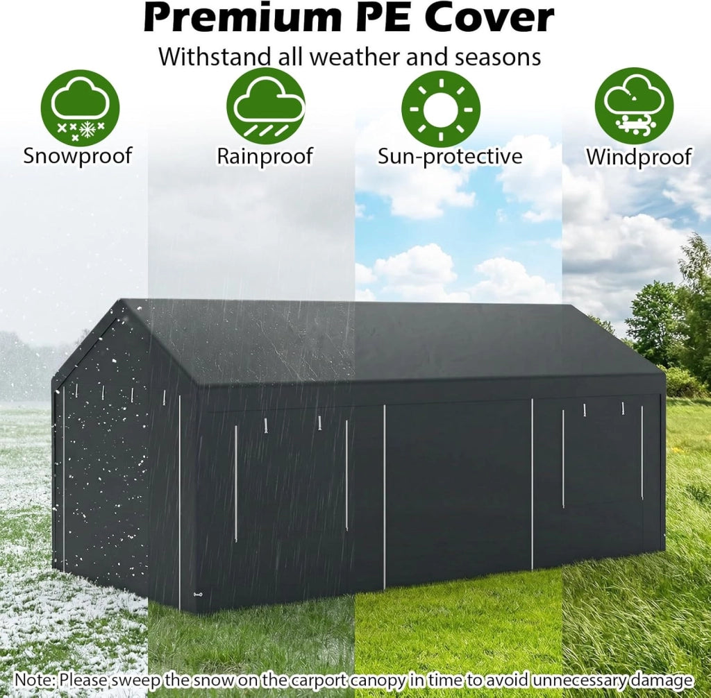 Tenda Garage Auto Esterno, Tettoia per Auto con Telaio in Metallo, Copertura in PE Resistente alle Intemperie, Capanno Giardino per Vehicolo, Bici, Moto, Attrezzi (Grigio, 305 x 586 x 280 cm)