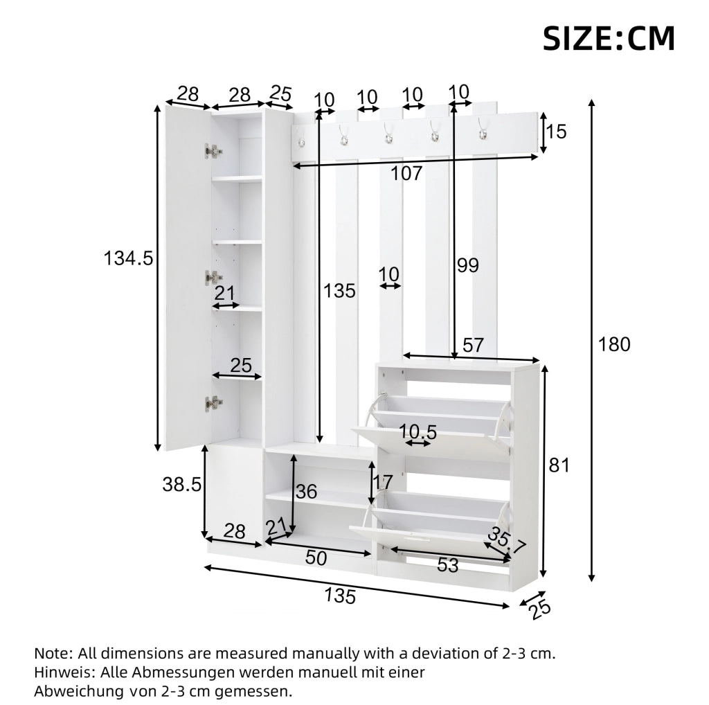 Mobile guardaroba da ingresso con specchio; 135x25x180 cm; 2 portascarpe; bianco