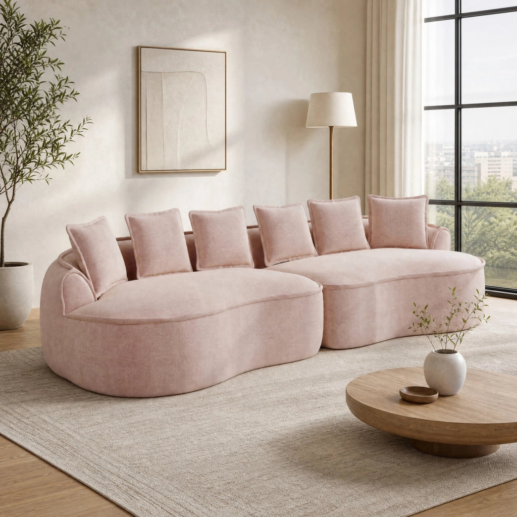 Divano modulare senza struttura in tessuto chenille rosa; con chaise longue profonda e cuscini