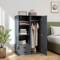Armadio Moderno con 2 Cassetti, Ripiani Aperti e Vano Appendiabiti, 80x50x124 cm, Grigio Scuro