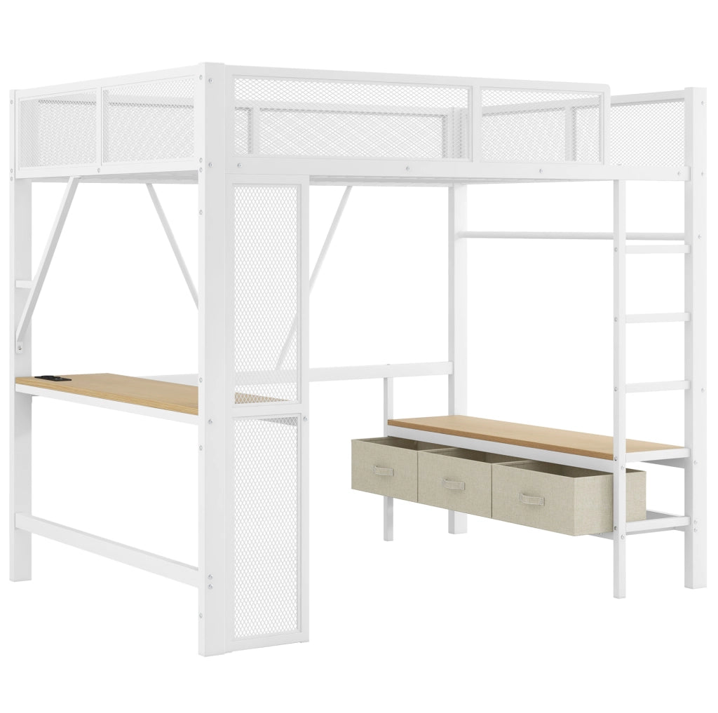 Letto a soppalco 140x200 cm con scrivania; LED e 3 cassetti in metallo e MDF bianco