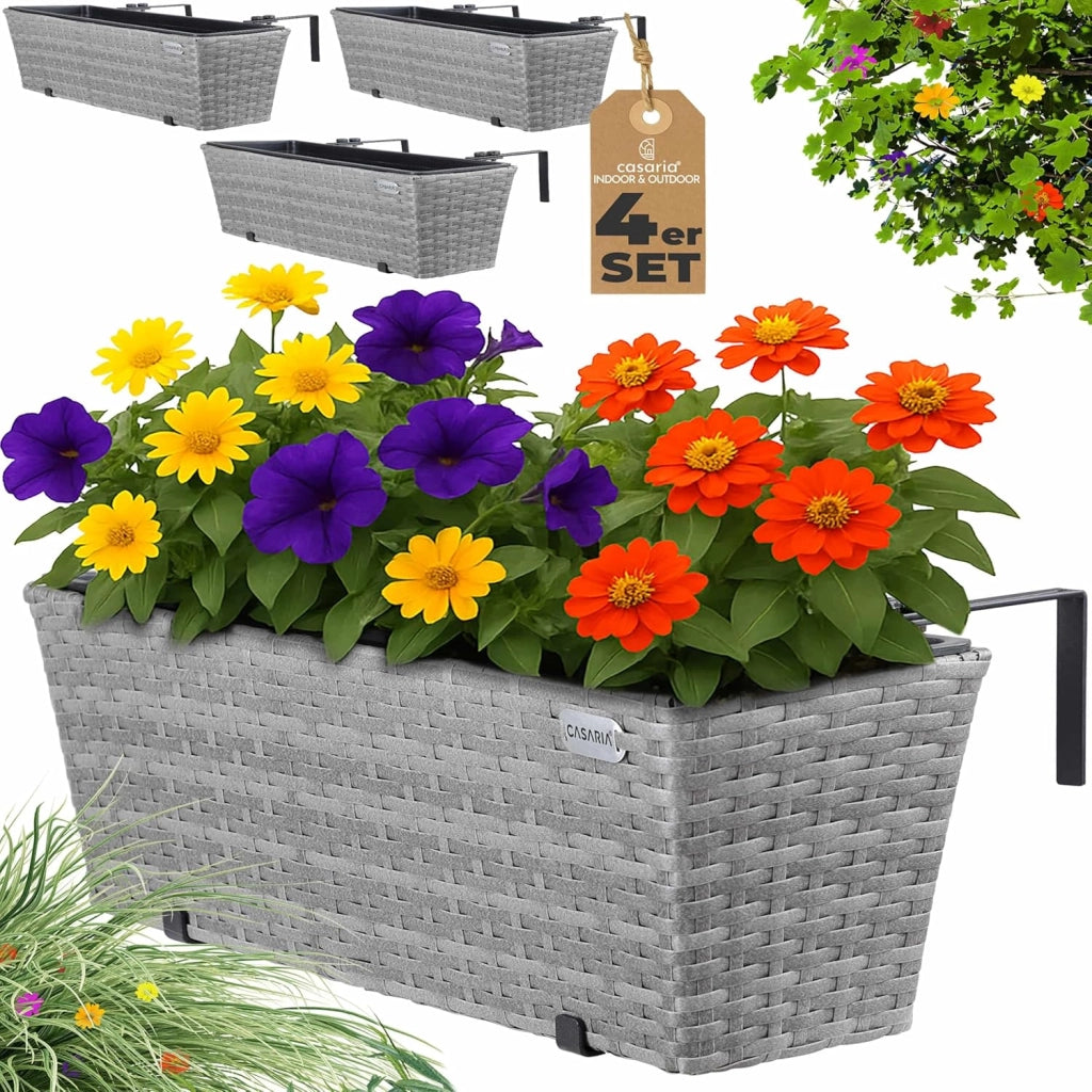 ® 2x Fioriera Balcone 60cm 11L Rattan Supporto Esterno Interno Resistente agli Agenti Atmosferici e ai Raggi UV Rimovibile Ringhiera Vaso Portafiori Rettangolare Fiori Piante Crema