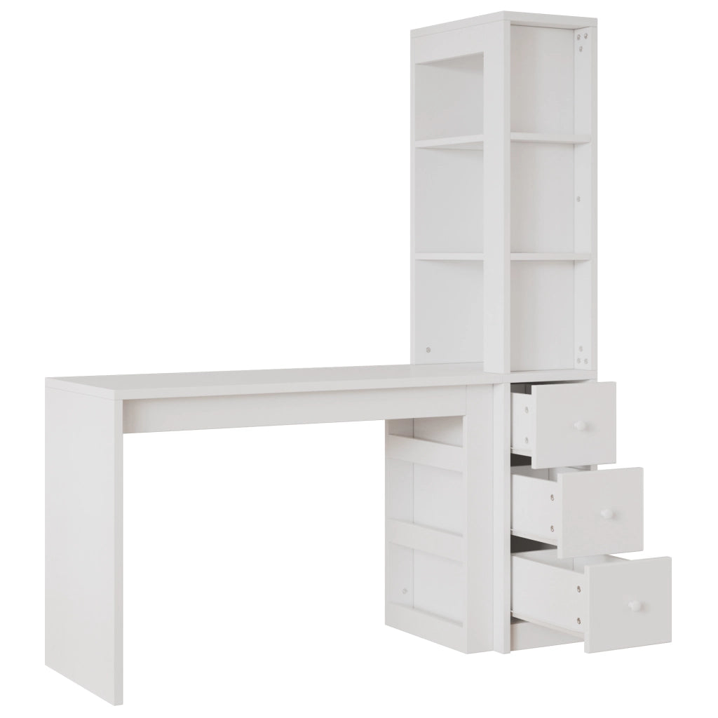 Scrivania bianca con libreria, 3 cassetti e vano laterale 150x50x180 cm
