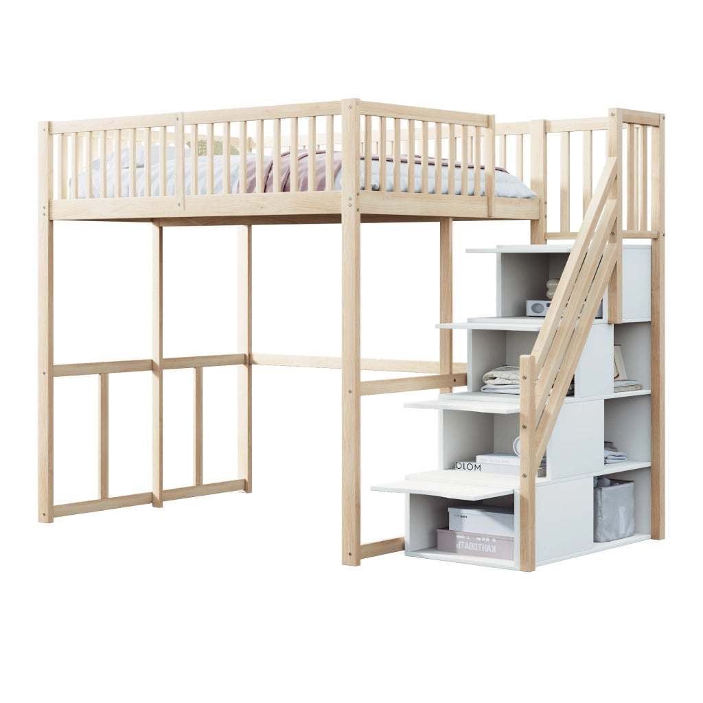 Letto a castello in legno di pino naturale con scala di sicurezza e contenitore 140x200 cm