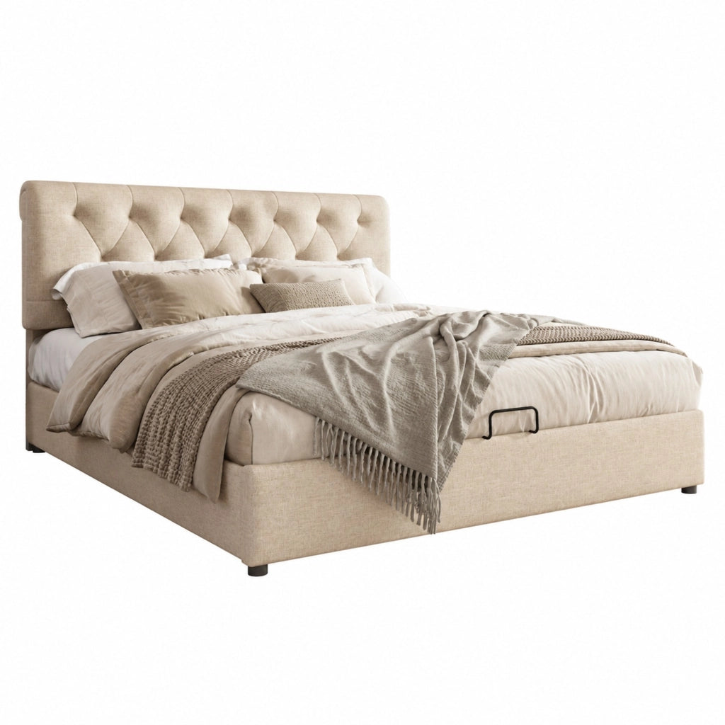 Letto matrimoniale imbottito 160x200 cm con testiera regolabile, rete sollevabile e vano contenitore, colore naturale