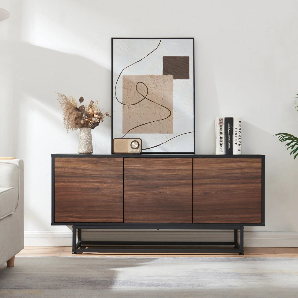 Armadietto Boxholm Credenza Bassa con 3 Ante Push-Open 120x30x55 cm Nero / Effetto Noce [en.casa]