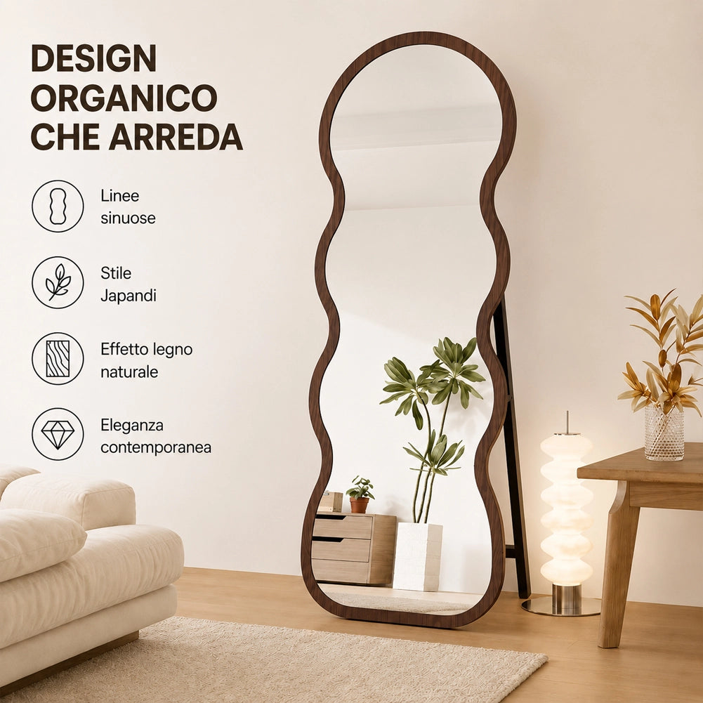 Specchio Ondulato Rovere Autoportante Struttura in Legno Design Moderno 160x60cm