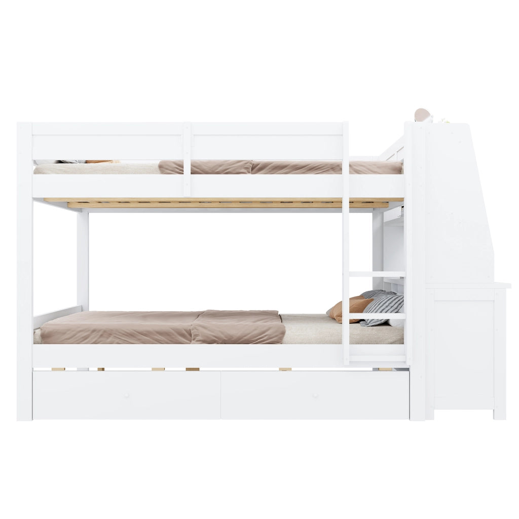 Letto a castello 140×200 cm con scrivania; armadio; ripiani e 2 cassetti; senza materasso; legno; bianco