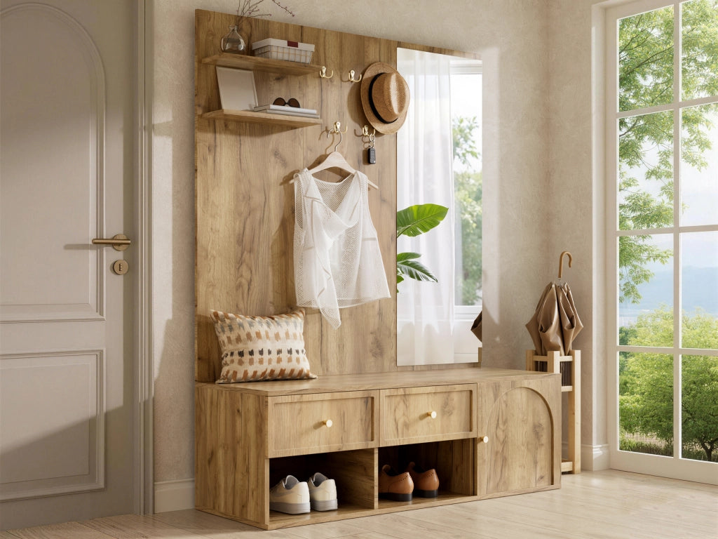 Mobile da ingresso con specchio intero 5 ganci 2 cassetti in truciolare effetto legno naturale 120 × 35 × 159 cm