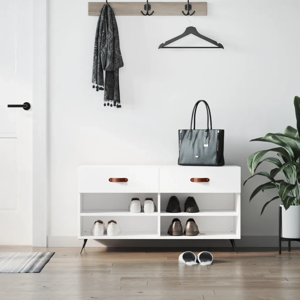 Panca Porta Scarpe-Sgabello-Panca Scarpiera Bianco Lucido 102x35x55 cm Legno Multistrato 703933