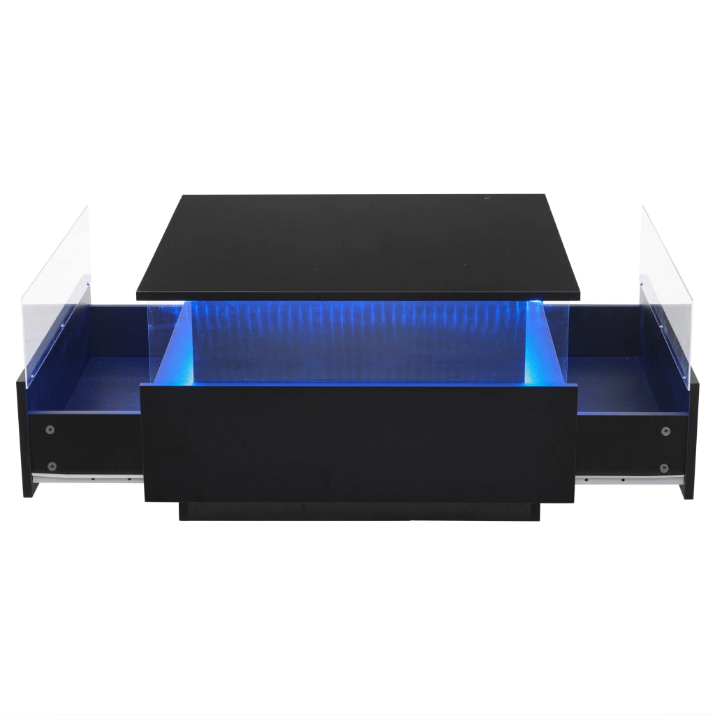 Tavolino basso con 2 cassetti, LED e vano espositivo trasparente per soggiorno, in pannello truciolare, nero, 70 × 70 × 41 cm