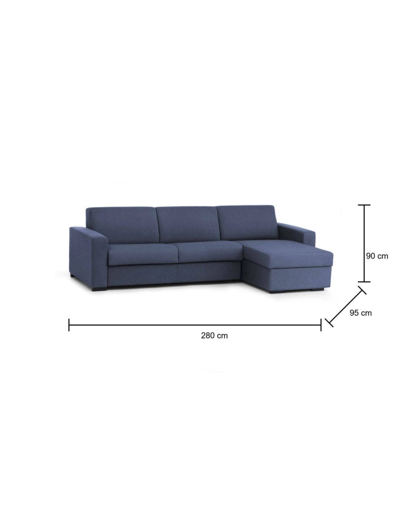 Divano fisso Atos, Divano ad angolo, Made in Italy, SofÒ  Soggiorno, con Penisola contenitore reversibile, in tessuto imbottito, con Braccioli standard, cm 280x95h90, Blu