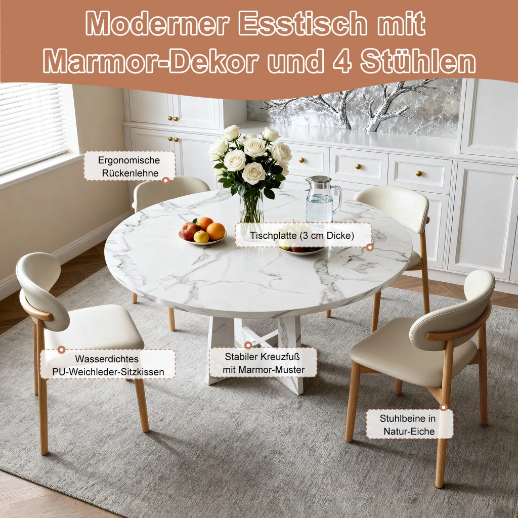 Tavolo da pranzo rotondo con 4 sedie per 4-6 persone piano in MDF effetto marmo bianco per sala da pranzo e soggiorno