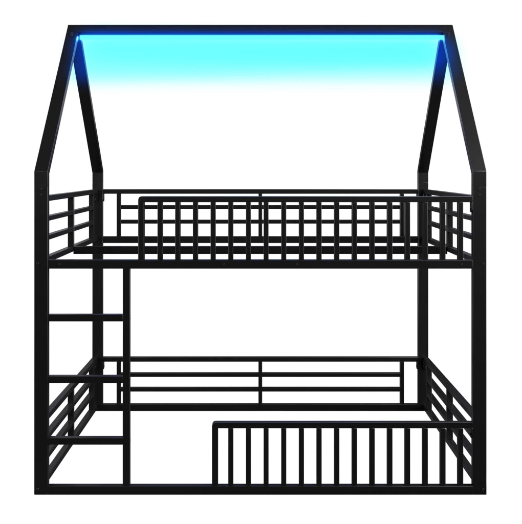Letto a castello a forma di casa 140x200 con ringhiera e luci LED, nero