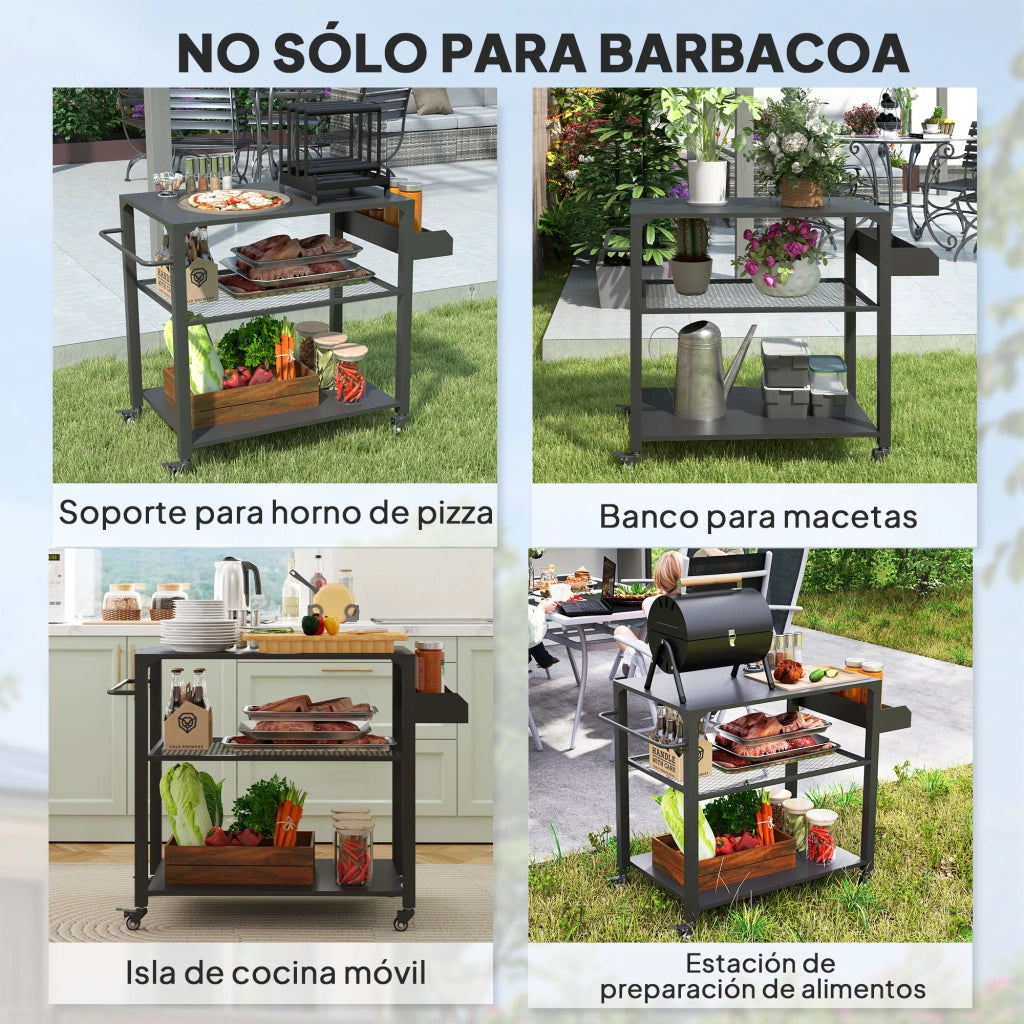 Carrello Servizio Barbecue con Piano e Ruote ¨C zephmum ¨C Grigio 105x50x79 cm