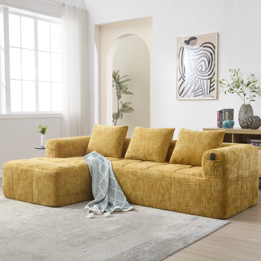 DIVANO Angolare 250x158x60 cm in Chenille Giallo con 3 cuscini
