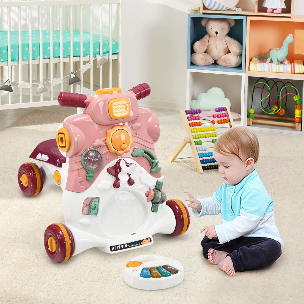 3 in 1 Primi Passi Cavalcabile Spingibile, Giocattolo Educativo con Musica e Luci, con 4 Ruote Antiscivolo, Ideale per Bambini 6-36 Mesi (Rosa)