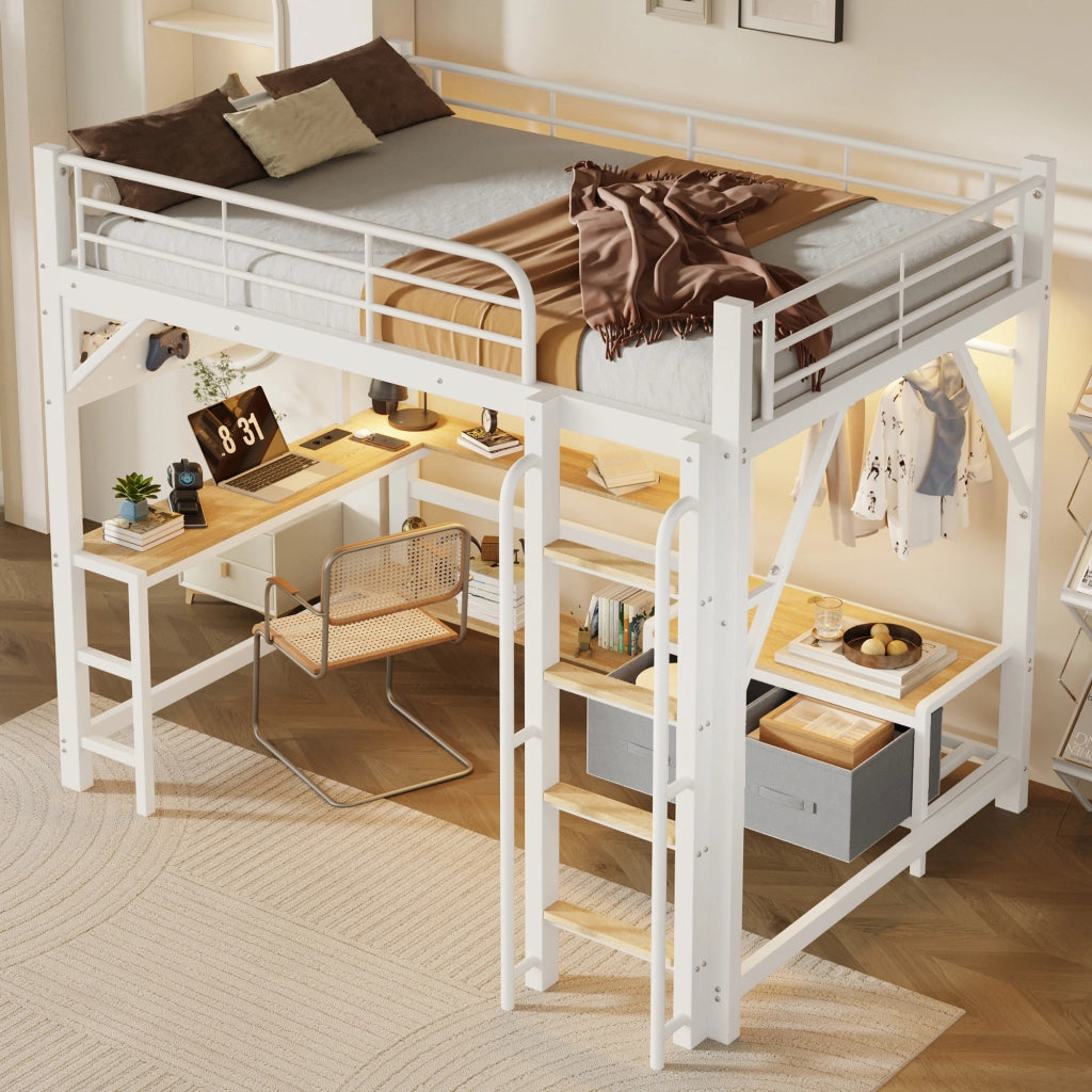 Letto a soppalco 140x200 cm con scrivania; LED e contenitore in MDF e metallo