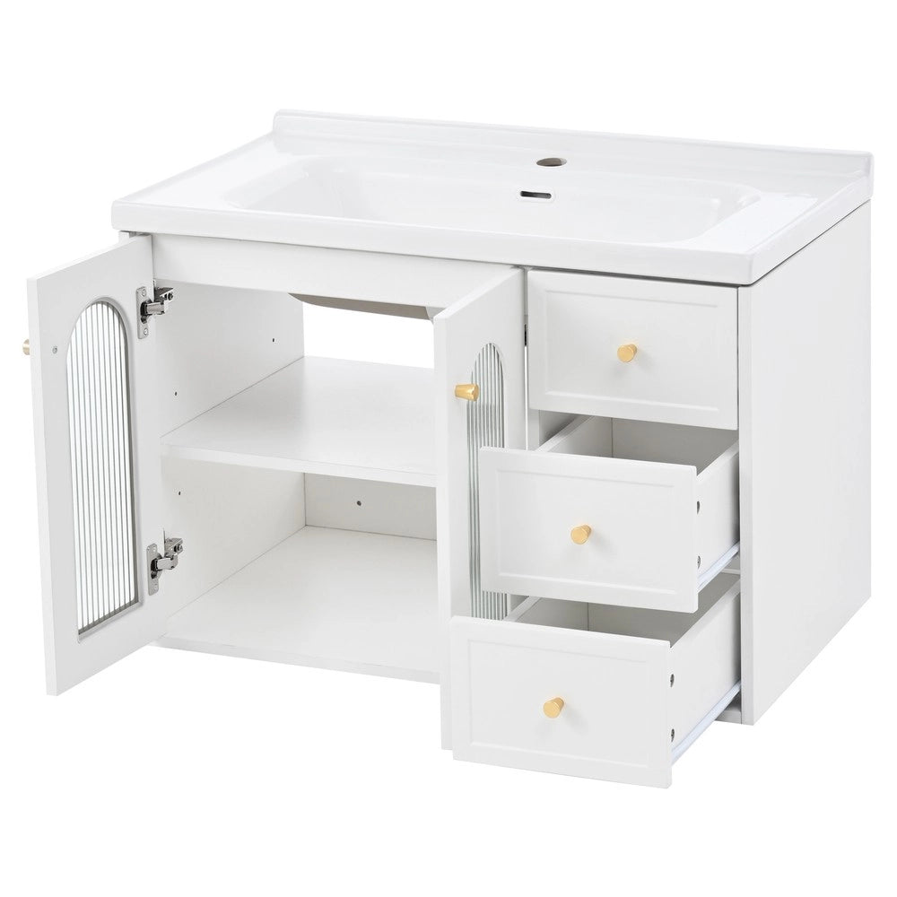 Mobile Bagno Sospeso con Lavabo in Ceramica ¨C Xylo ¨C Bianco, 2 Cassetti, Anta con Ripiani, 80 cm