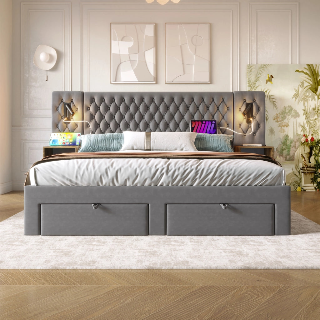 OKWISH Letto Combinato 160×200 cm, Letto Matrimoniale con 4 Cassetti, USB, Type C, Lampade da Lettura e 2 Comodini, Materasso Incluso, Grigio