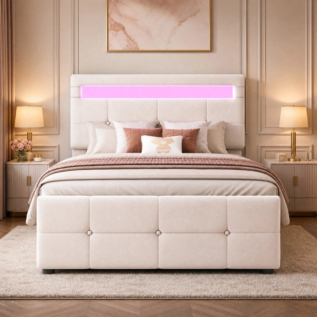 Letto singolo imbottito 90x200 cm con LED e vano contenitore idraulico; velluto beige