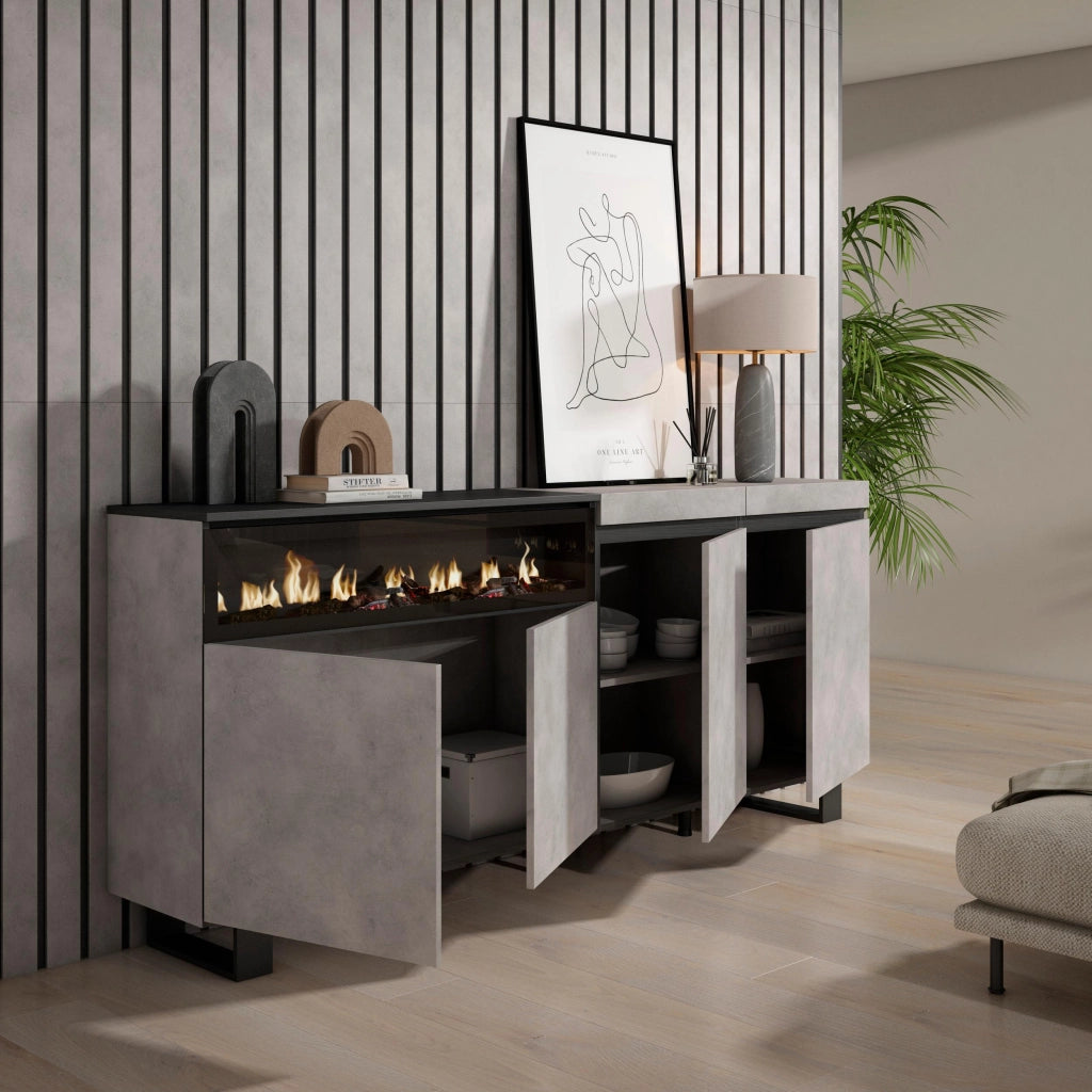 Credenza, Mobile, 200x35x87cm, 4 Porte, Camino elettrico, Design industriale, grigio cemento RF2370
