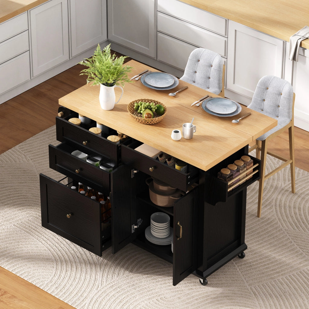Carrello da Cucina con 2 Ante; Cassetti; Piano Estensibile; Portaasciugamani e Ruote in MDF 107 x 45-70 x 90.5 cm Nero e Naturale