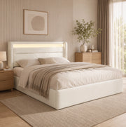 Letto matrimoniale imbottito 140x200 cm con contenitore; LED e rete sollevabile; bianco in PU