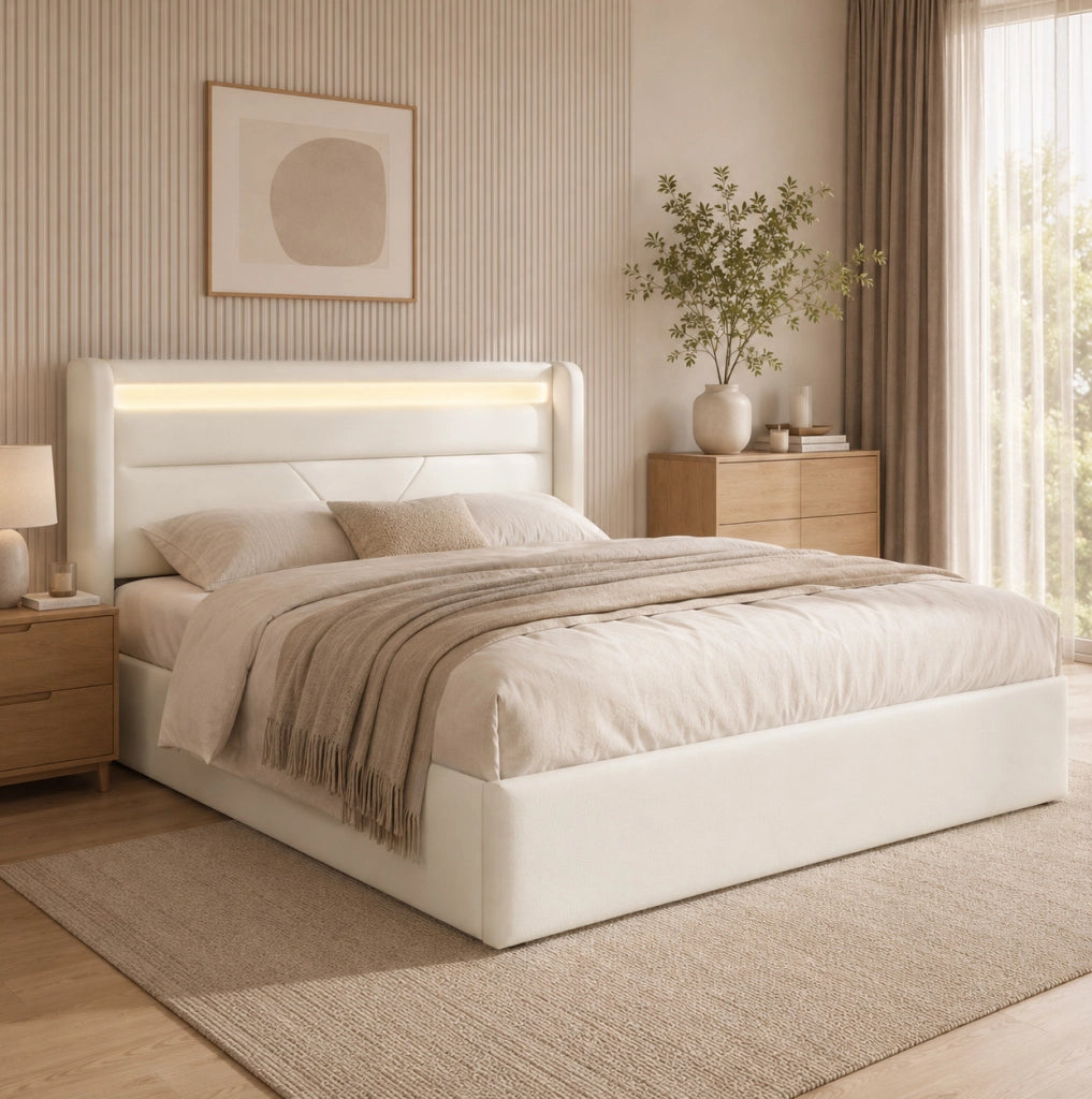 Letto matrimoniale imbottito 140x200 cm con contenitore; LED e rete sollevabile; bianco in PU