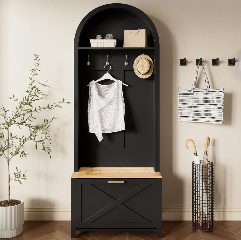 Appendiabiti con Scarpiera e Mensola, Mobile Ingresso in MDF 75x35x195 cm, Design Moderno con Ganci in Lega di Alluminio, Colore Legno e Nero