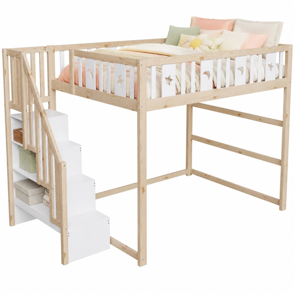Hochbett per bambini 140x200 cm con scala e ripiani; in legno massello bianco/naturale
