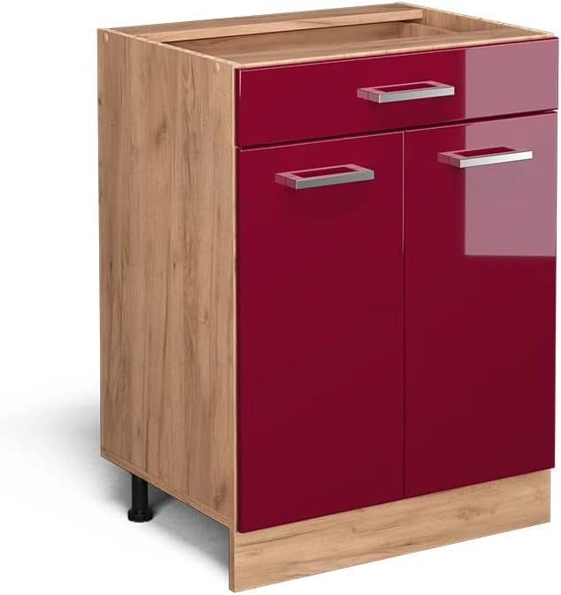 Mobiletto base per cucina R-Line, Rosso lucido, 60 cm con cassetto, senza piano di lavoro, per la libera combinazione all'interno di sistemi cucina modulari