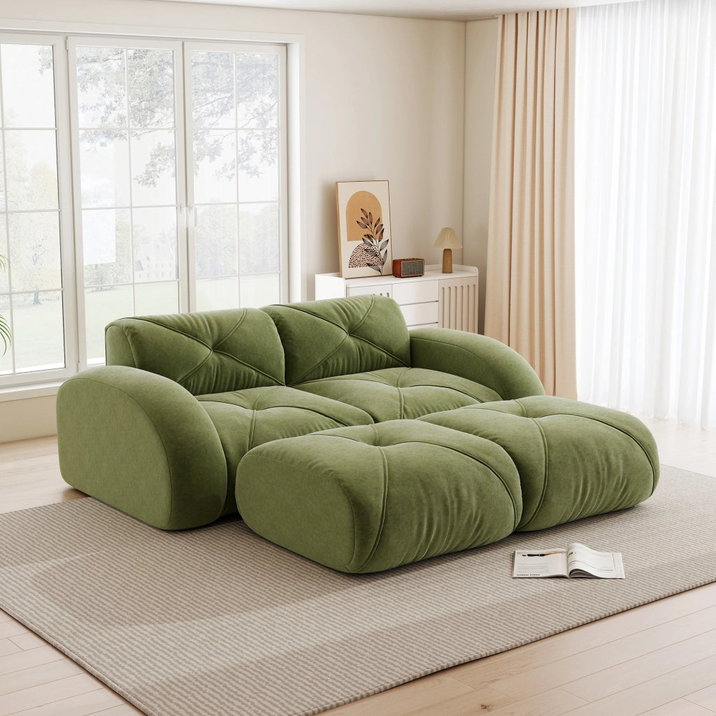 Divano modulare a 2 posti con pouf, senza montaggio e base antiscivolo in ciniglia verde 204 × 171 × 76 cm