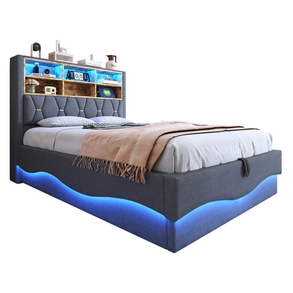 OKWISH Letto Contenitore 140×200 cm, Letto Matrimoniale con LED, USB e Vano a Giorno, senza Materasso, Grigio