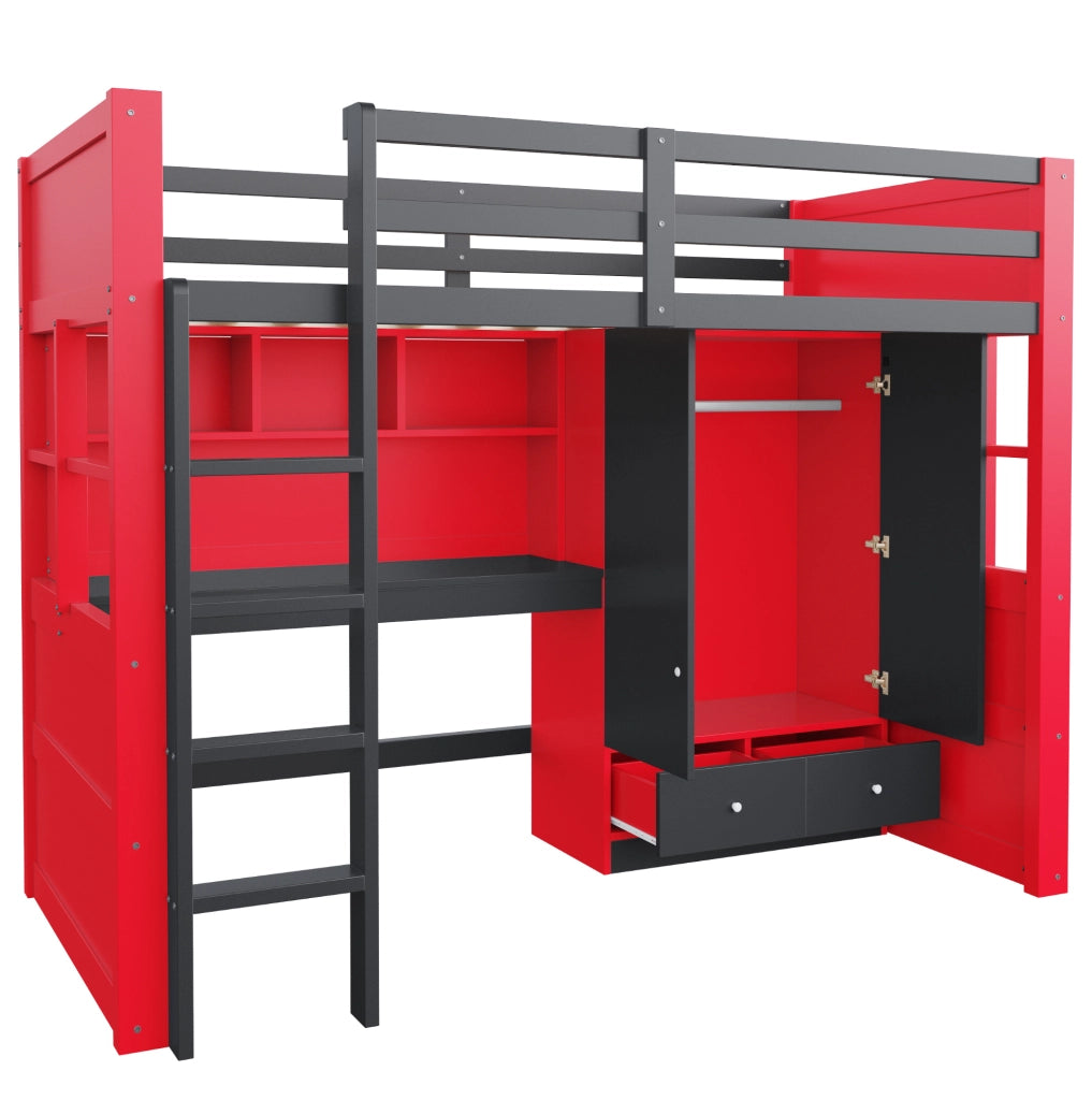 Letto a soppalco 90x200 cm in stile e-sport; con LED; prese; scrivania e armadio; nero e rosso