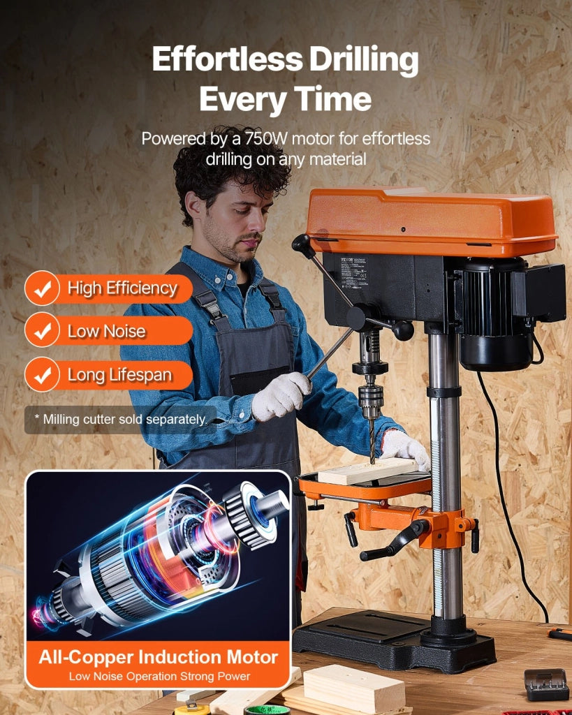 Trapano a Colonna da Banco 750W DP30016B-VS Velocità Regolabile 340-2200 Giri/min Piano Inclinabile 0-45° per Legno e Metallo