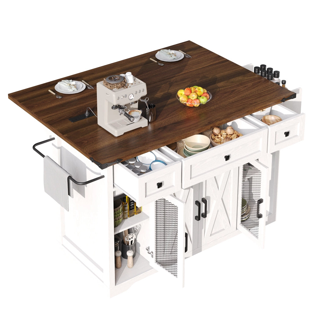 Carrello isola cucina mobile con piano estraibile e presa elettrica, bianco, 75 kg