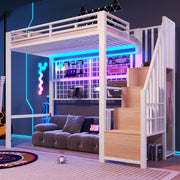 Letto a soppalco in metallo 90x200 cm con guardaroba; scala contenitore; barre appendiabiti; LED 7 colori e spazio aperto; bianco