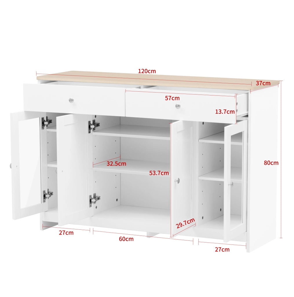 Credenza 120x37x80 cm con 2 cassetti; 4 ante e ripiani regolabili; MDF bianco e colore legno