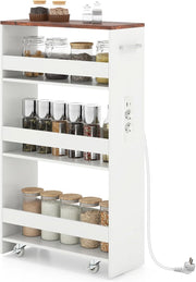 Scaffale per Nicchia da 20 cm di Larghezza, con Base di Ricarica, 4 Piani in Legno su Ruote, Scaffale Sottile per Cucina e Bagno, Carrello a Rotelle (Industriale+Bianco, Largo 20cm, con presa)